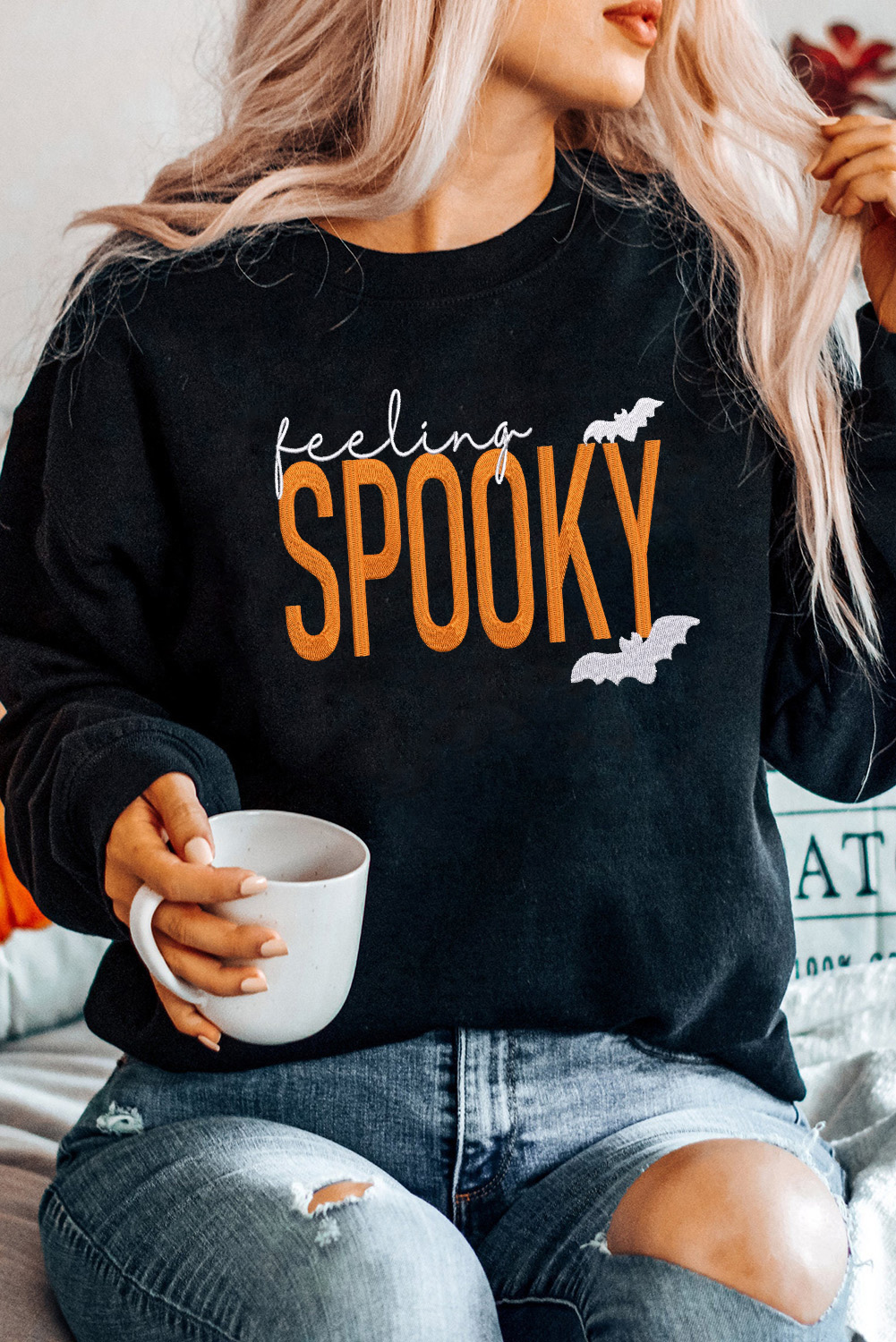 Black Feeling Spooky Halloween Embroidered Graphic Baggy Sweatshirt - loveforevers