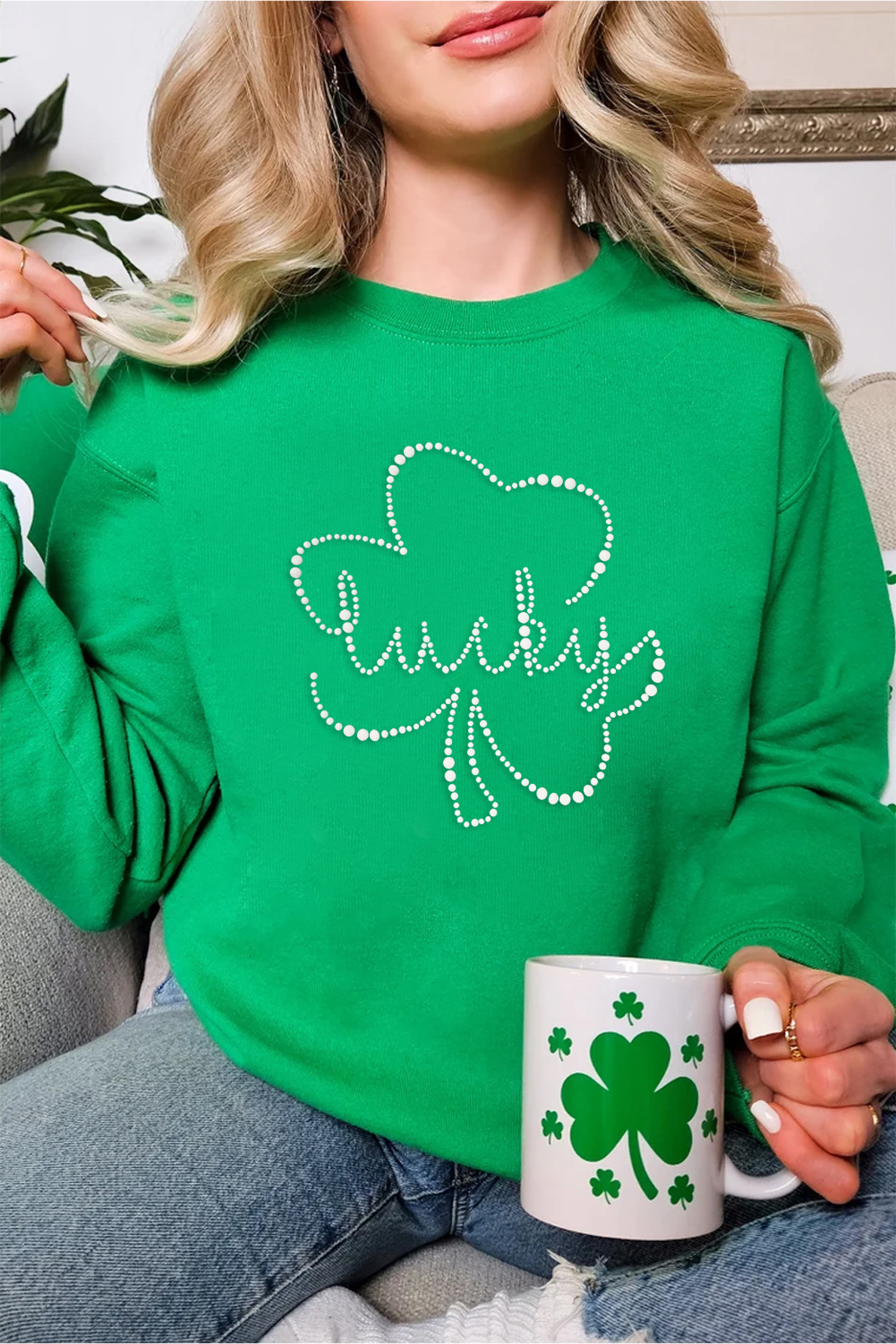 Dark Green Lucky Shamrock Ceramic Clover Sweatshirt - loveforevers