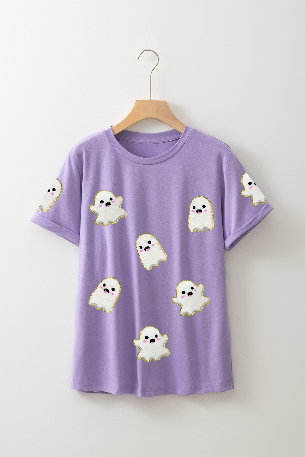 Wisteria Glitter Trim Chenille Ghost Patched Halloween Graphic Tee - loveforevers