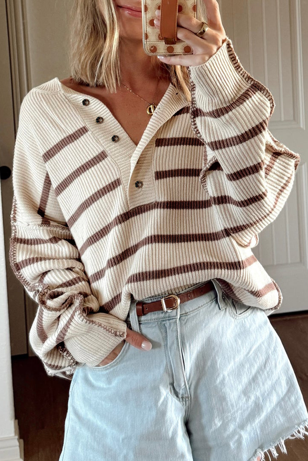 Brown Stripe Ribbed Henley Drop Shoulder Slouchy Sweater - loveforevers