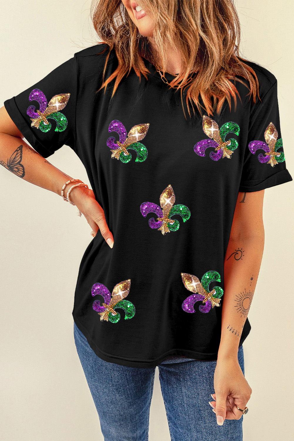 Black Mardi Gras Symbol Patched Crewneck T Shirt - loveforevers