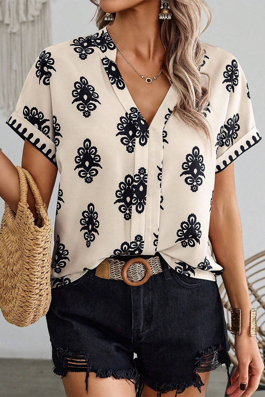 Beige Geometric Printed Sleeveless Hollowed Bowknot Back Mini Dress - loveforevers
