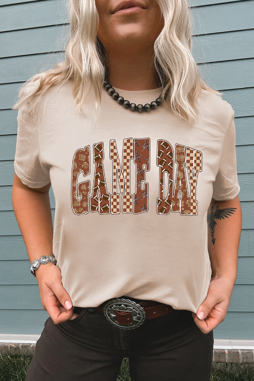 Khaki GAME DAY Rugby Checkered Letter Graphic T Shirt - loveforevers