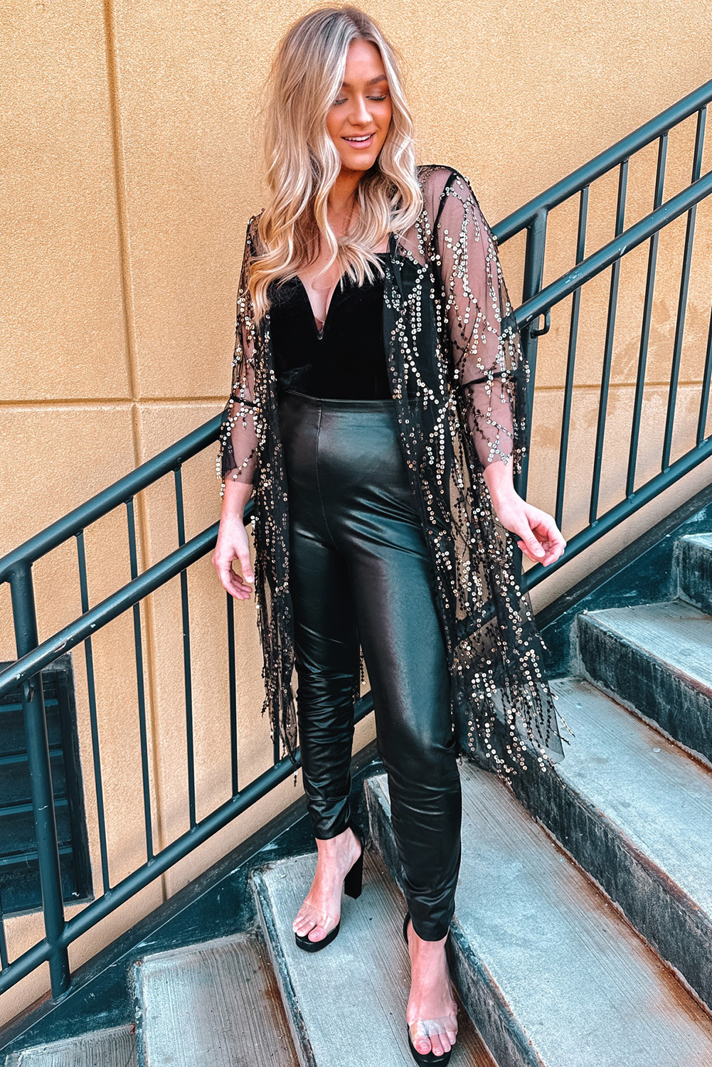 Black Sequin Sheer Long Sleeve Open Front Kimono - loveforevers