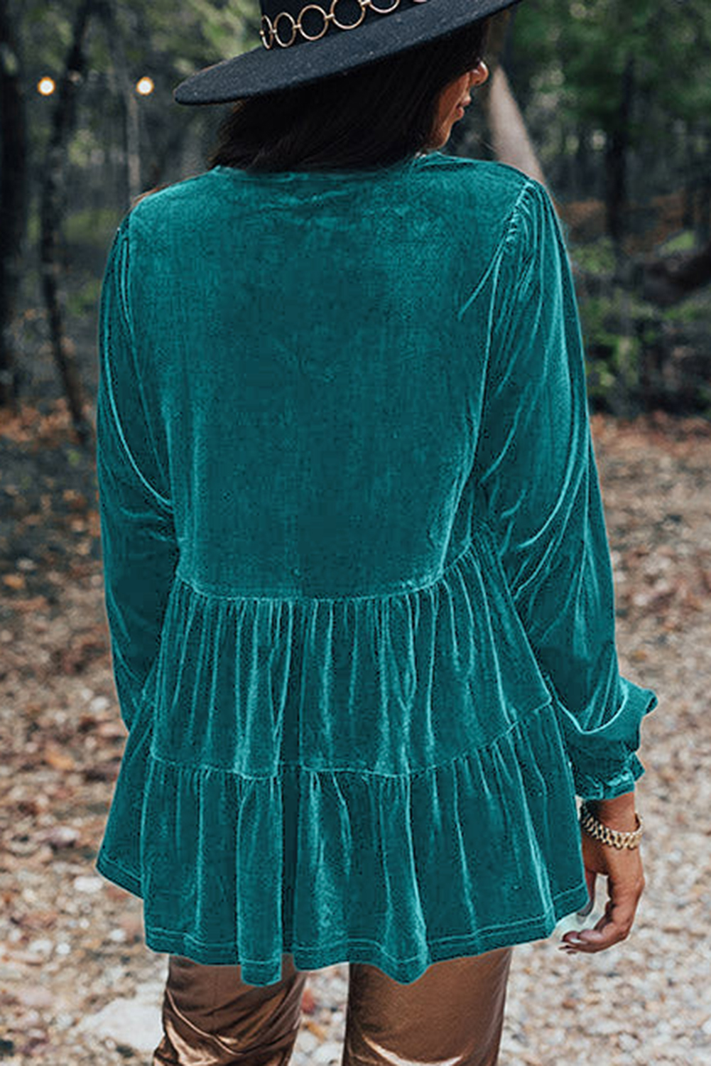 Sea Green Velvet V Neck Peplum Hem Puff Sleeve Blouse - loveforevers