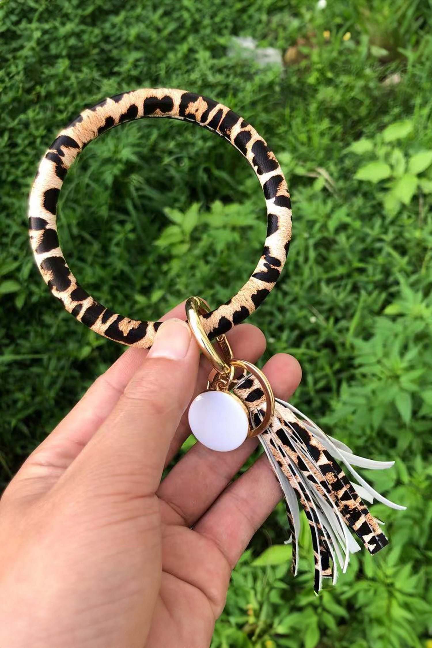 Parchment Leopard PU Leather Tassel Key Chain Bangle Bracelet - loveforevers