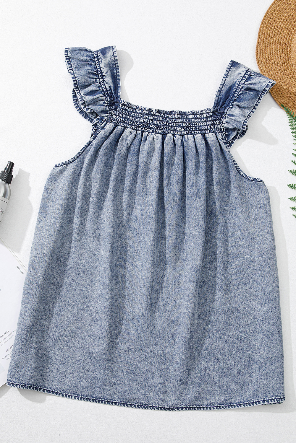 Ashleigh Blue Ruffled Shirred Neckline Sleeveless Denim Tank Top - loveforevers