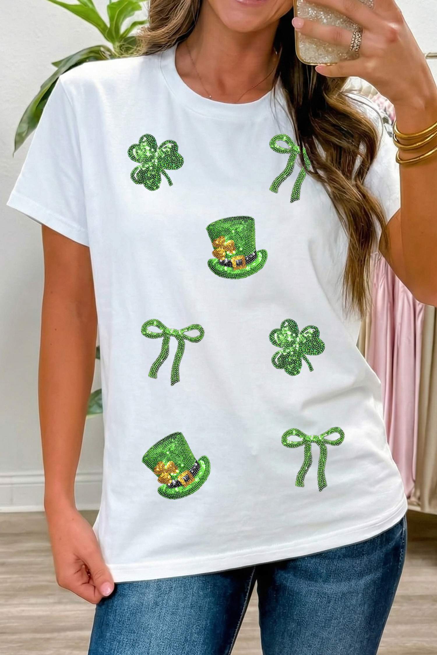 White Coquette St Patricks Day Sequin Graphic T Shirt - loveforevers