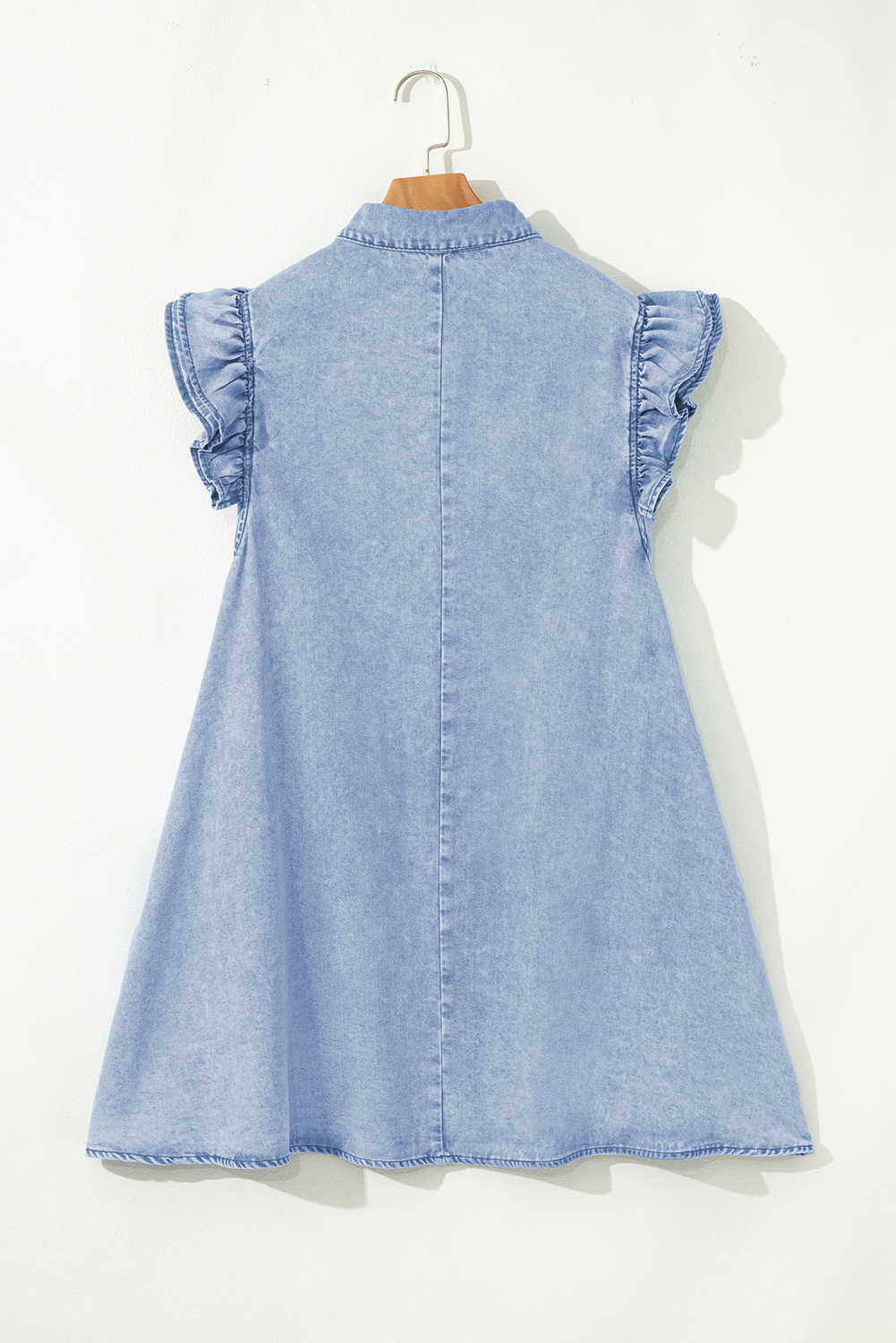 Beau Blue Double Ruffled Sleeves Buttoned A-line Collared Mini Denim Dress - loveforevers