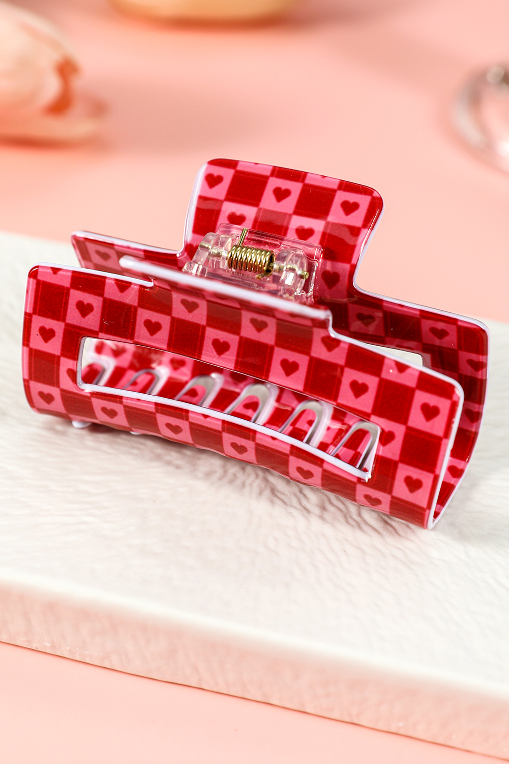 Racing Red Heart Checkered Print Cut Out Hair Claw Clip - loveforevers