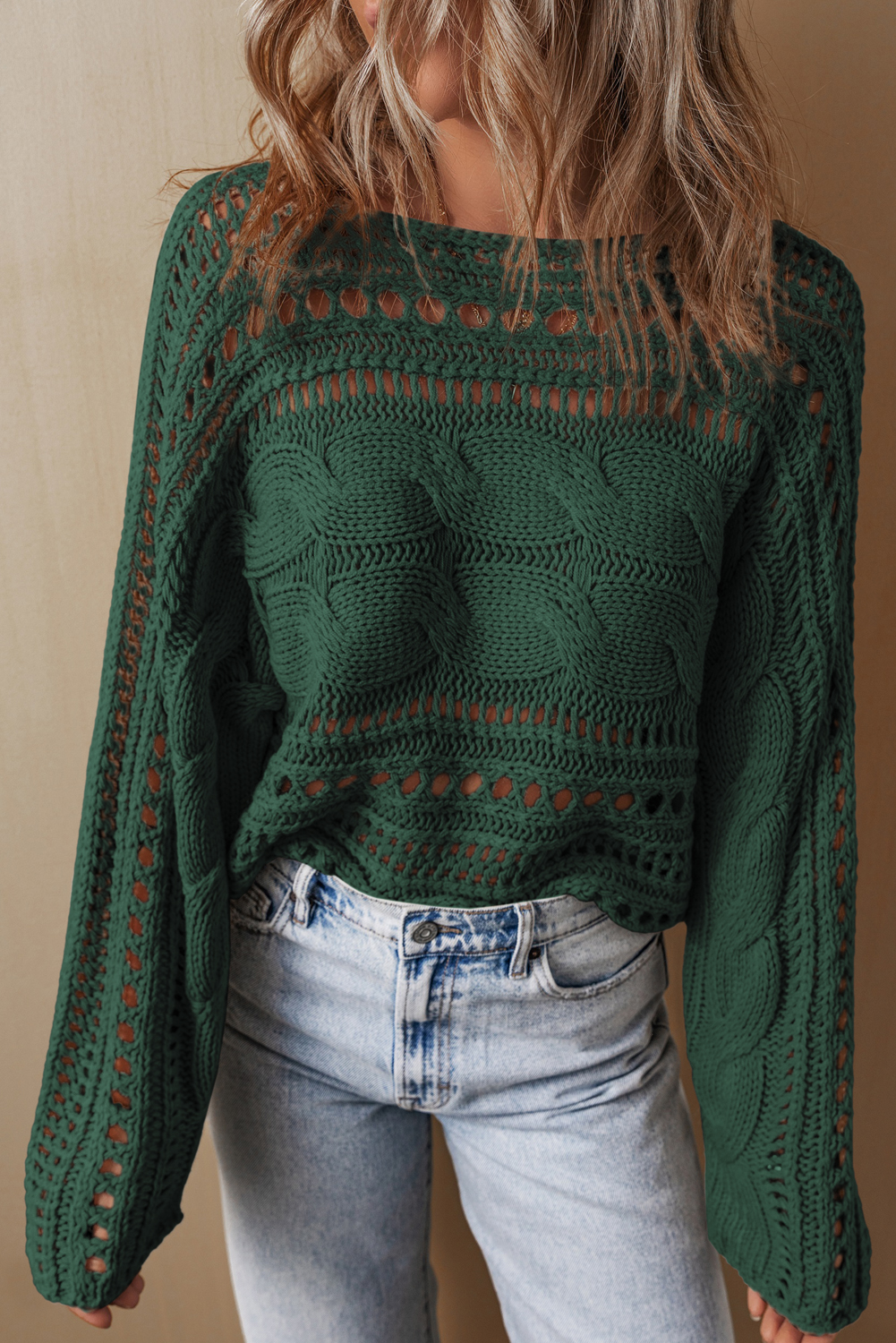 Blackish Green Hollow-out Cable Knit Cropped Sweater - loveforevers