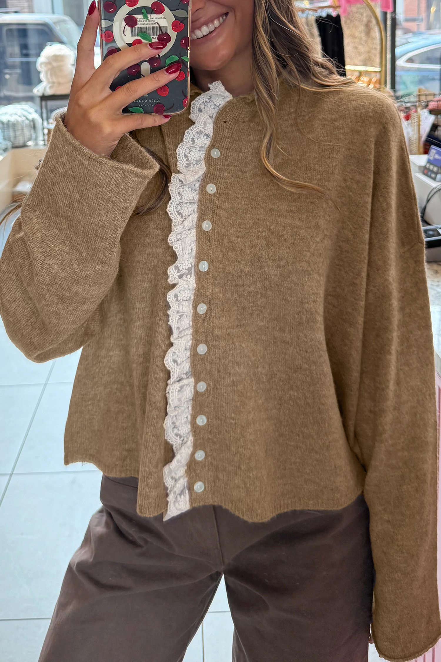 Simply Taupe Contrast Frilled Lace Trim Loose Cardigan Sweater - loveforevers