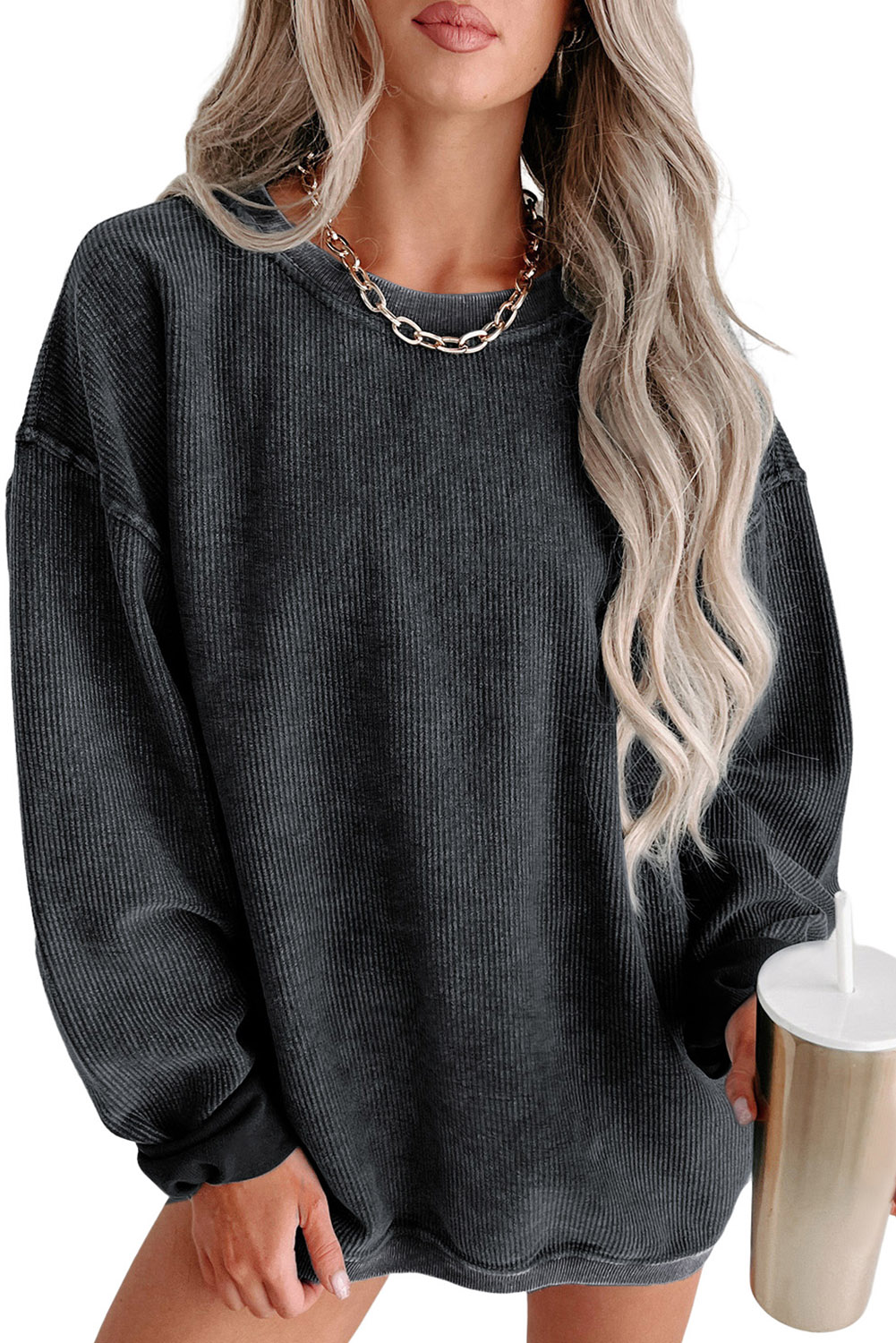 Pink Solid Ribbed Knit Round Neck Pullover Sweatshirt - loveforevers