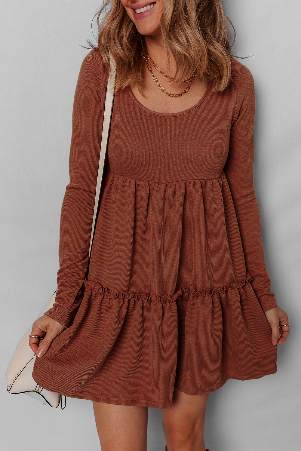 Straw Yellow Ribbed Frilled Trim High Waist Long Sleeve Mini Dress - loveforevers