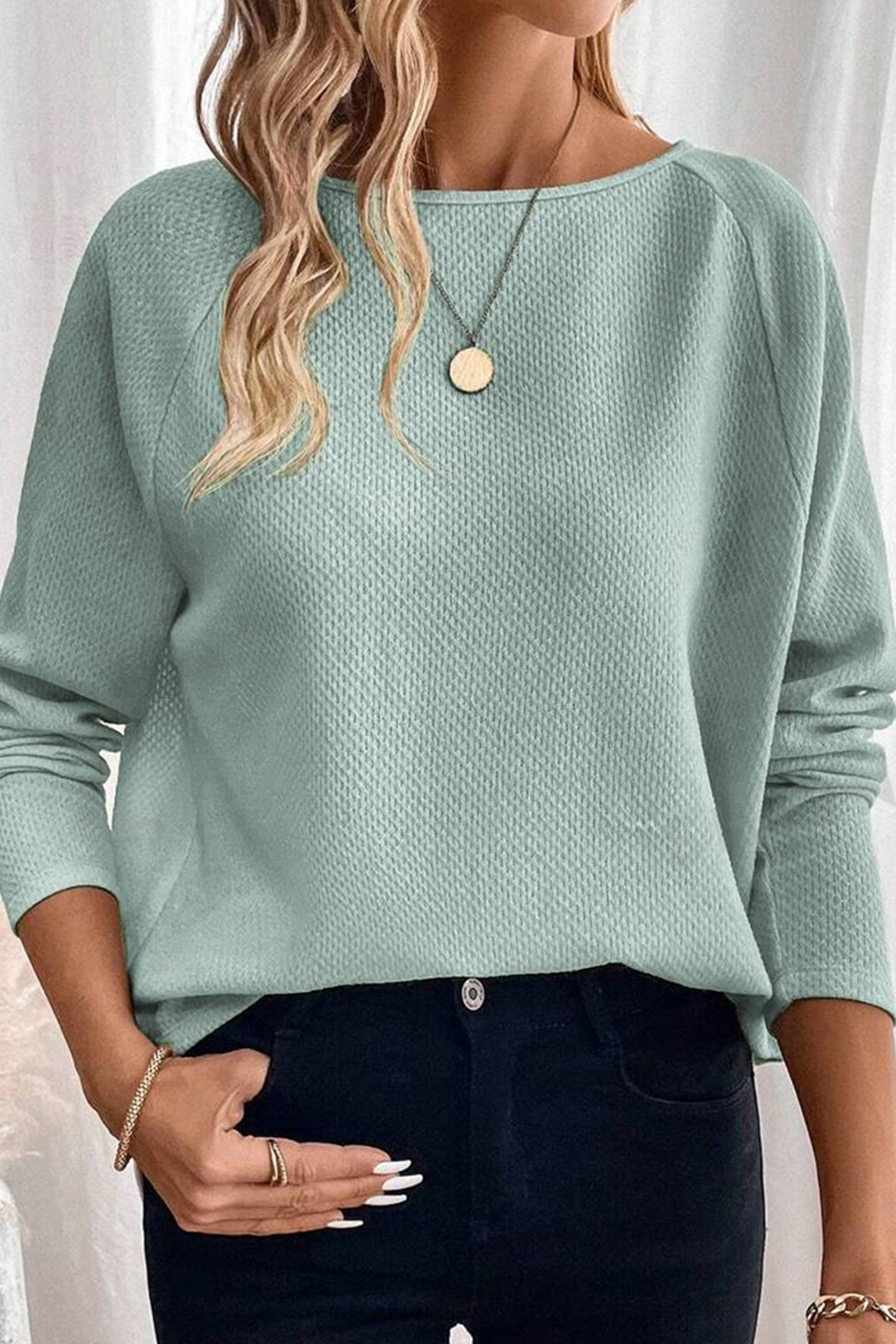 Moonlight Jade Textured Raglan Sleeve Knit Loose Top - loveforevers
