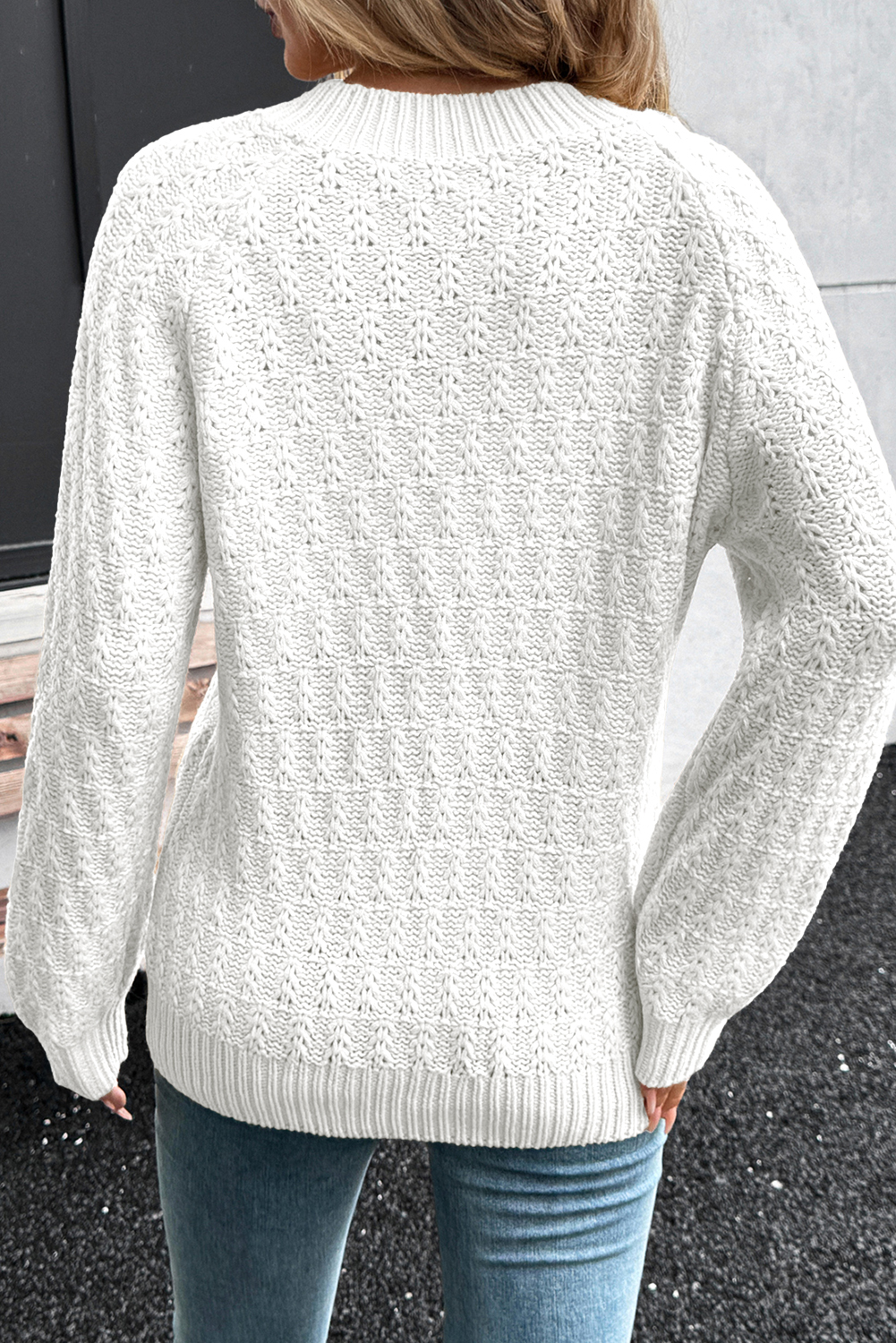 White Textured Knit Ribbed Edge V Neck Loose Sweater - loveforevers
