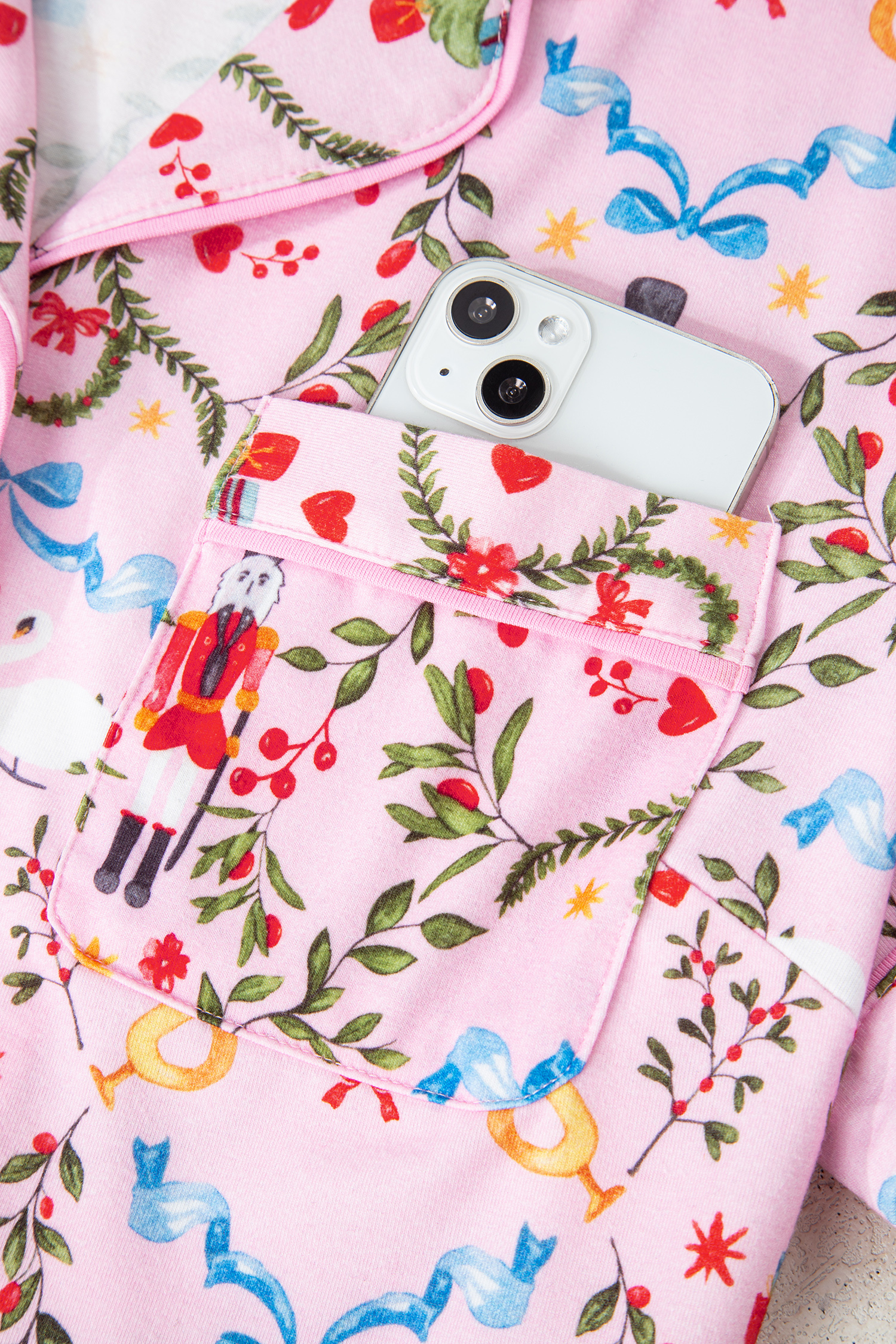 Pink Nutcracker Doll Christmas Print Ribbon Tie Waist Short 2pcs Pajama Set - loveforevers
