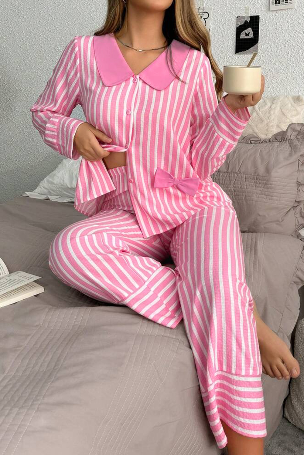 Pink Stripe Buttoned Front Long Sleeve Top and Pants 2 Piece Sleepwear - loveforevers