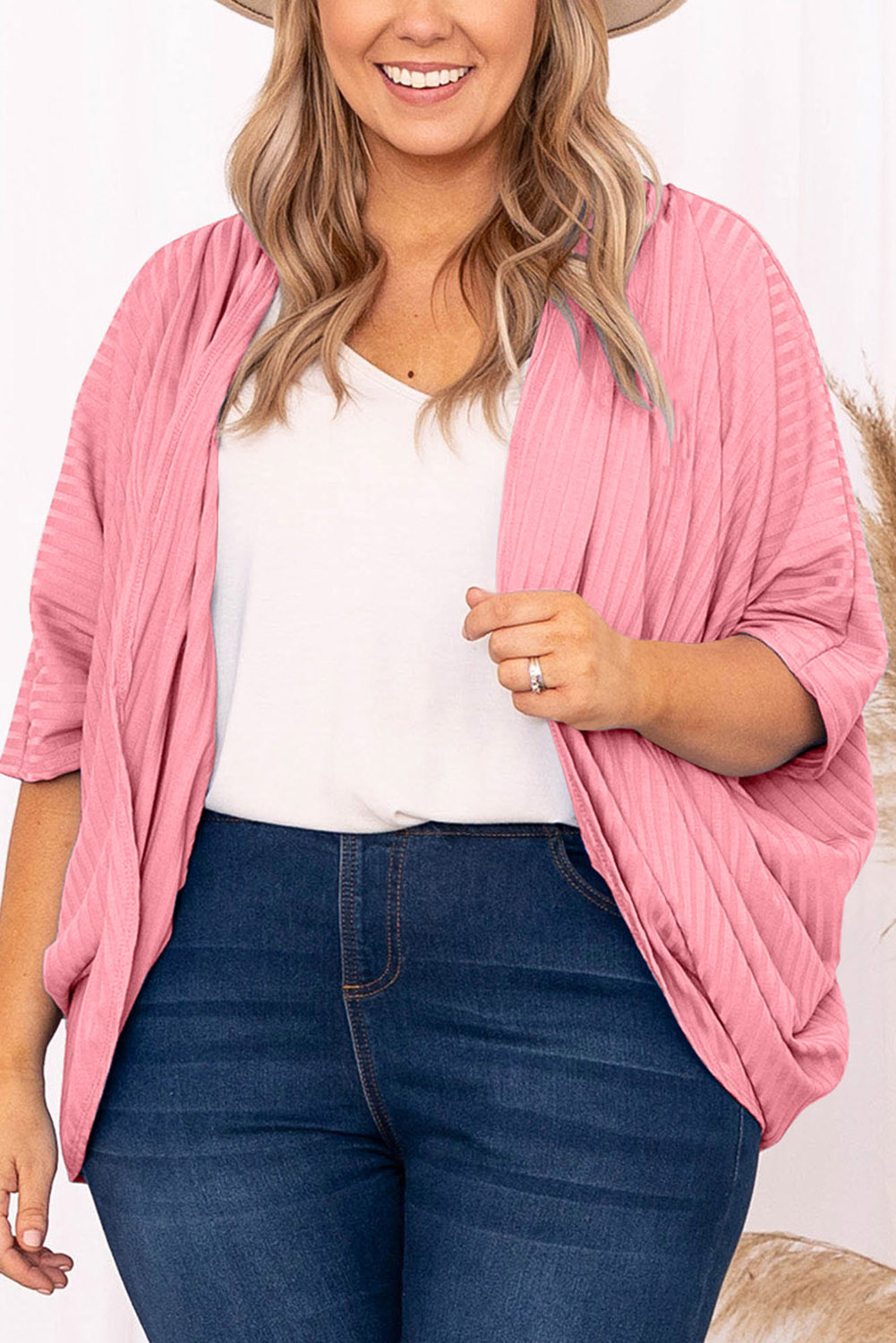 Pink Pink Pink Shimmer Ribbed Texture Plus Size Cardigan - loveforevers