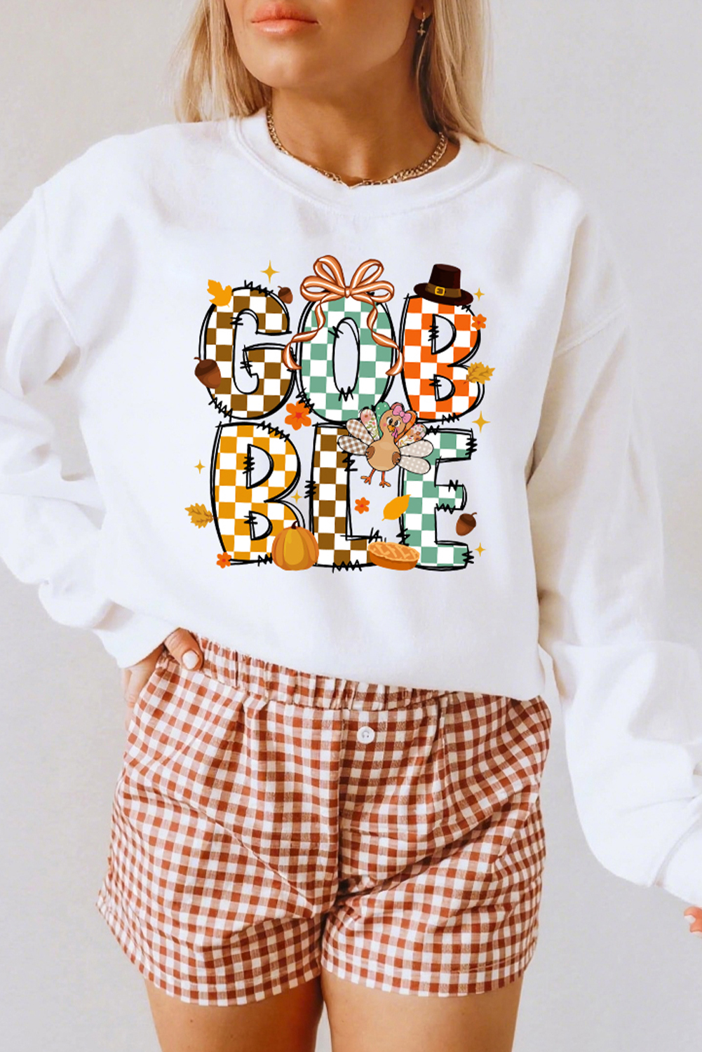 White GOBBLE Checkered Letter Print Thanksgiving Turkey Graphic Sweatshirt - loveforevers