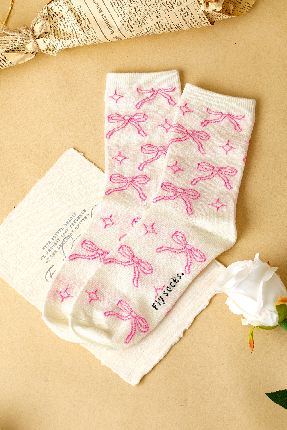 Pink Sweet Bowknot Print Mid Calf Socks - loveforevers