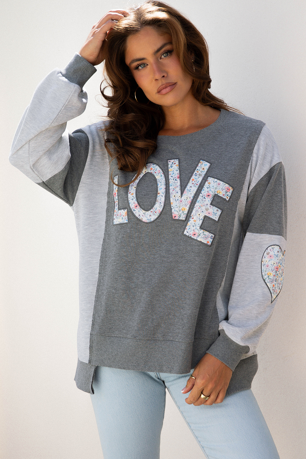 Dark Grey LOVE Graphic Exposed Seam Patchwork Uneven Hem Chic Sweatshirt - loveforevers