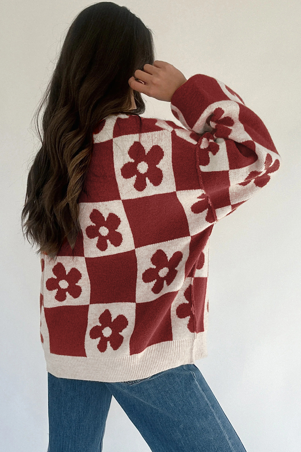 Black Flower Plaid Henley Baggy Sweater - loveforevers
