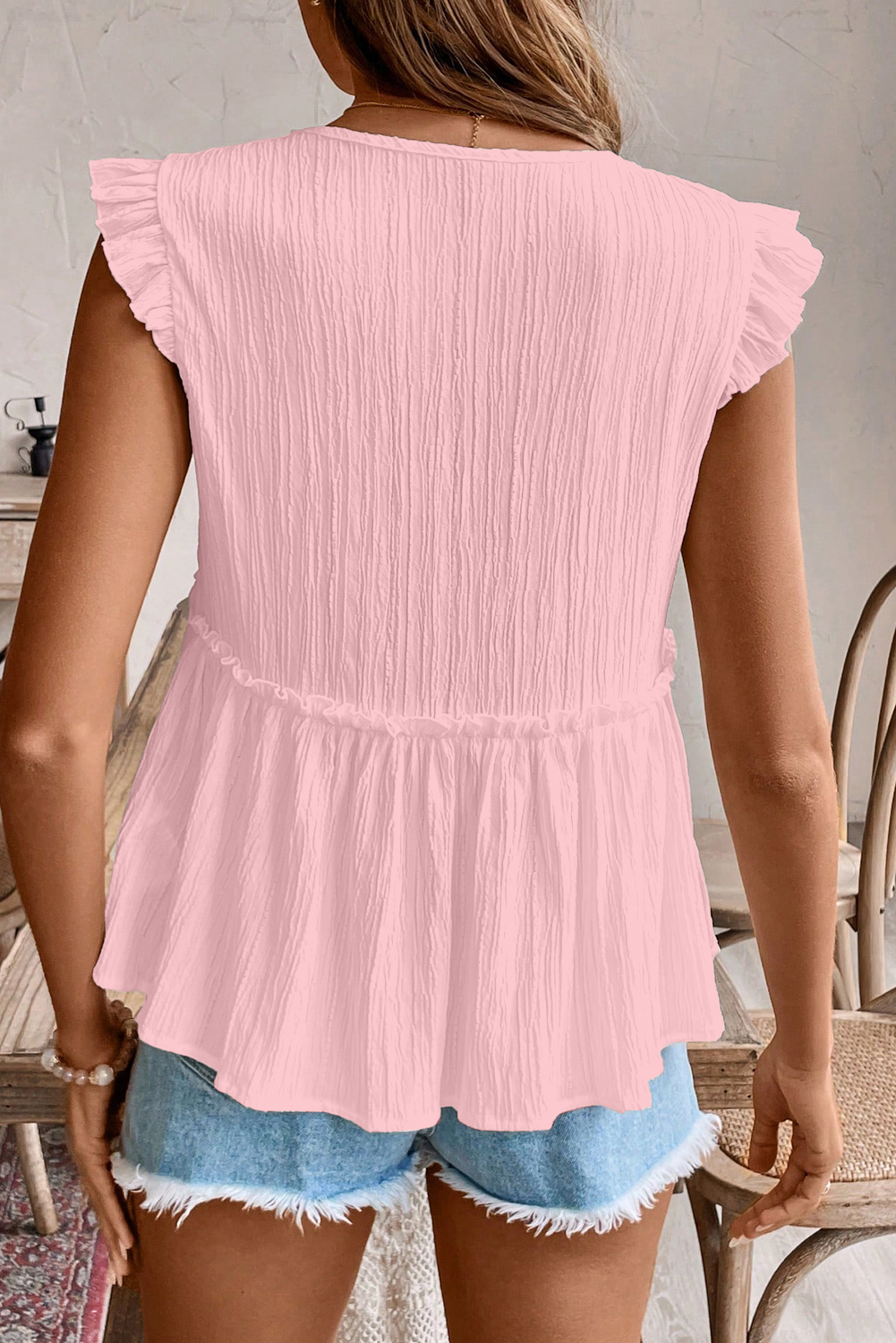 Light Pink Textured Ruffled Trim V Neck Flutter Flowy Top - loveforevers