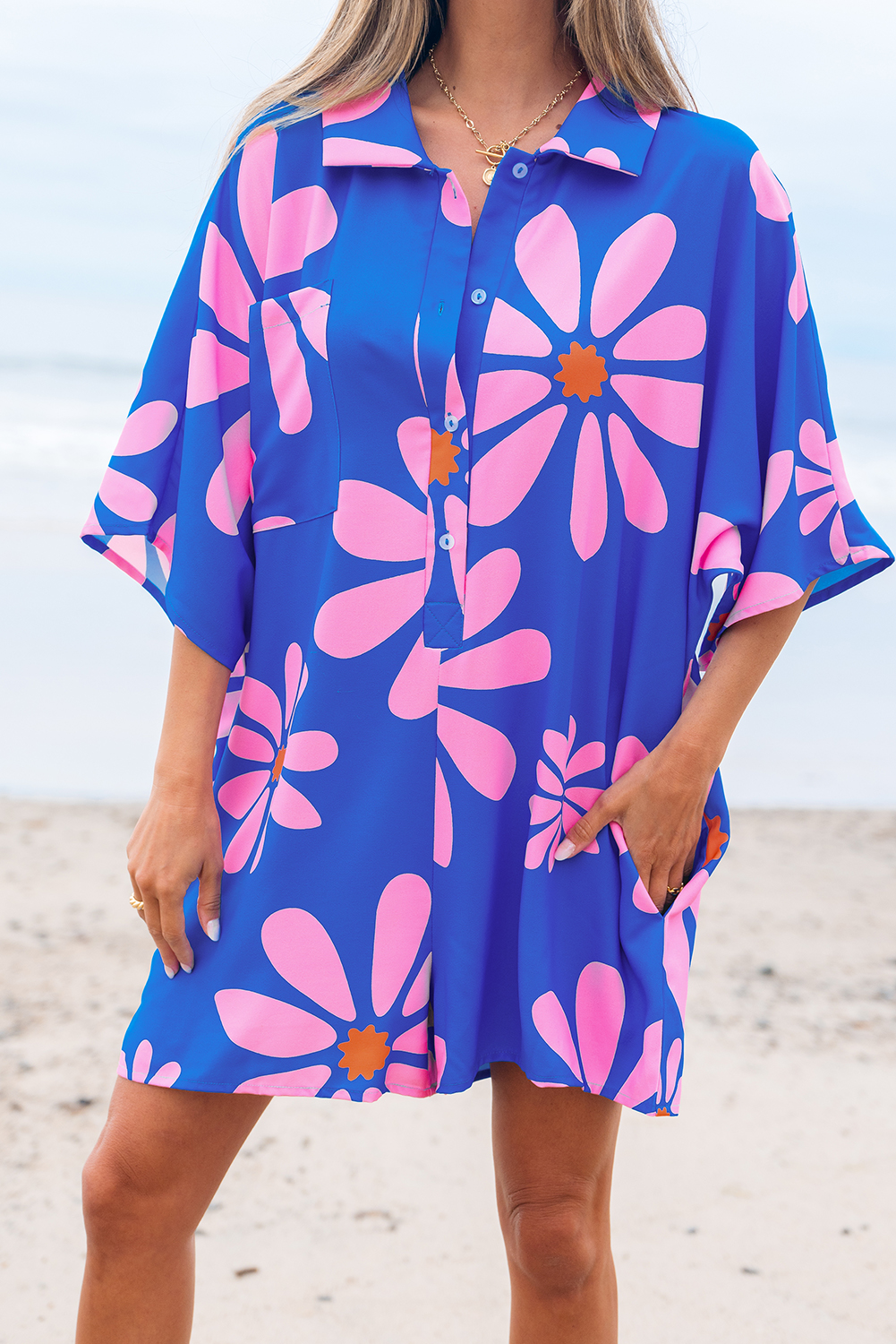 Blue Summer Flower Print Shirt Collar Button Front Loose Romper - loveforevers