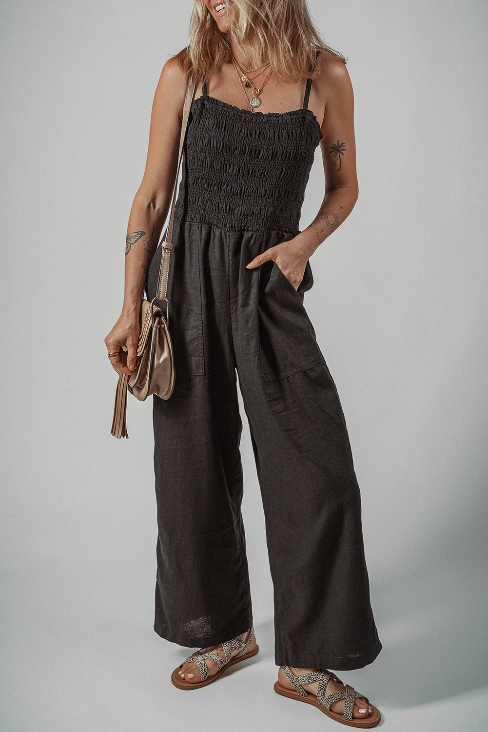 Black Spaghetti Straps Shirred Bodice Pocketed Wide Leg Jumpsuit - loveforevers