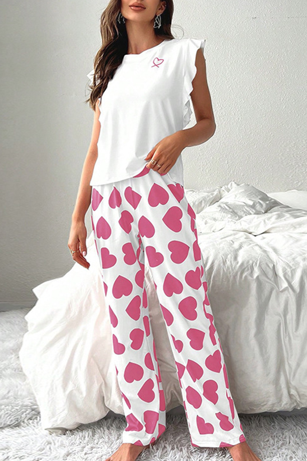 Pink Ruffled Tank Top And Heart Print Pants Lounge Set - loveforevers