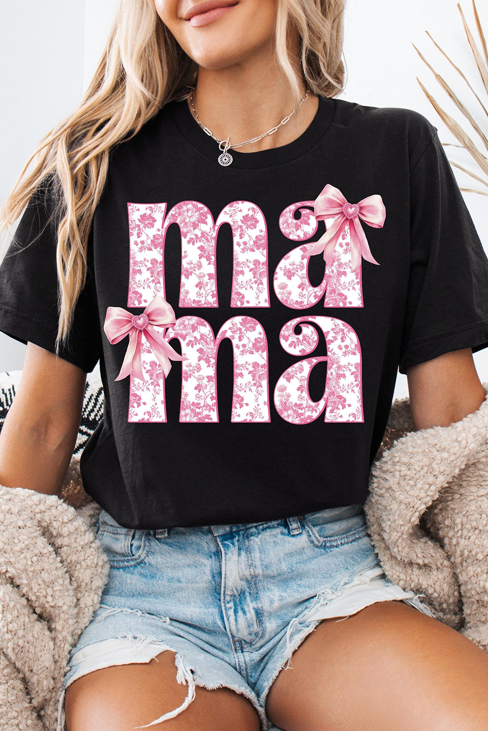 Black Floral Bow Mama Graphic Crewneck Tee - loveforevers