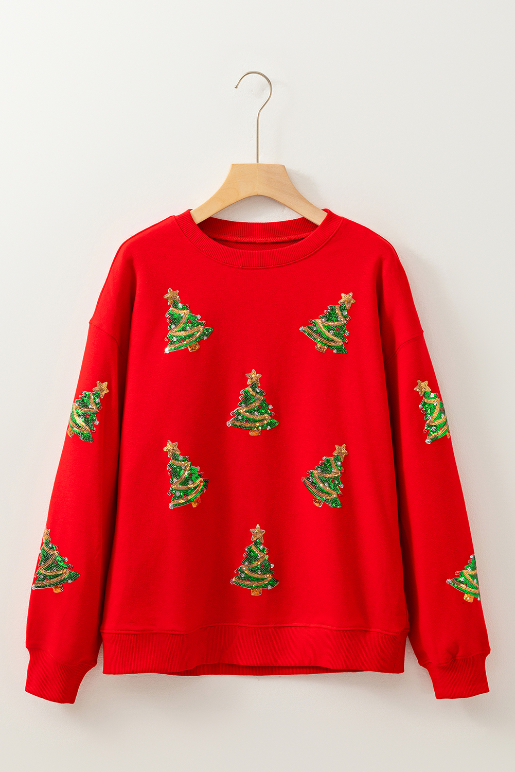Red Sequin Christmas Tree Graphic Drop Shoulder Sweatshirt - loveforevers