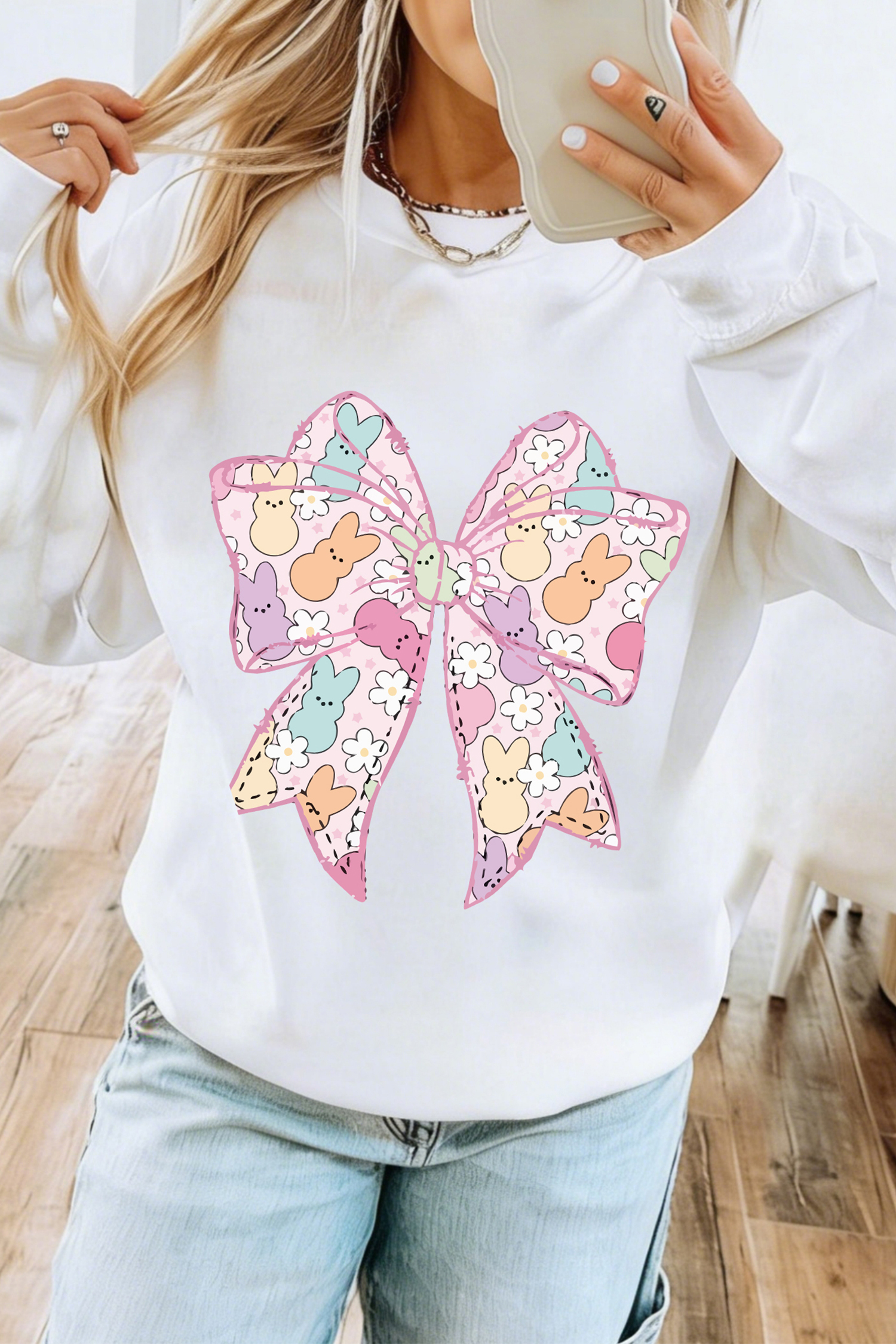 White Easter Bunny Bow Printed Casual Sweatshirt - loveforevers