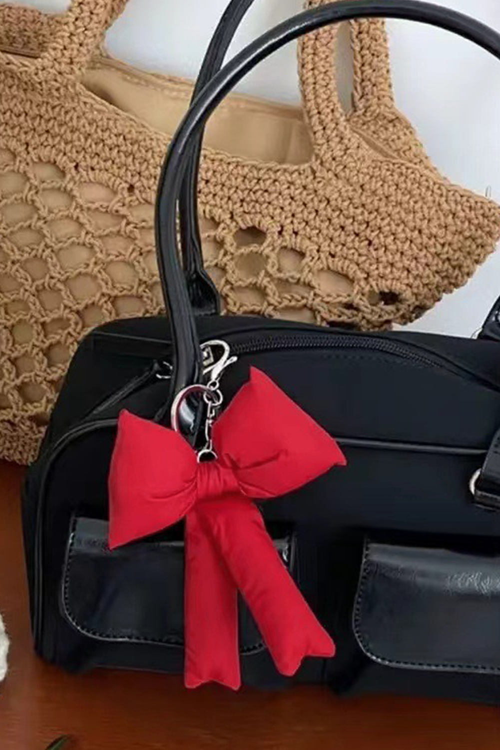 Pink Gingham Puffer Bow Knot Bag Pendant Keychain - loveforevers
