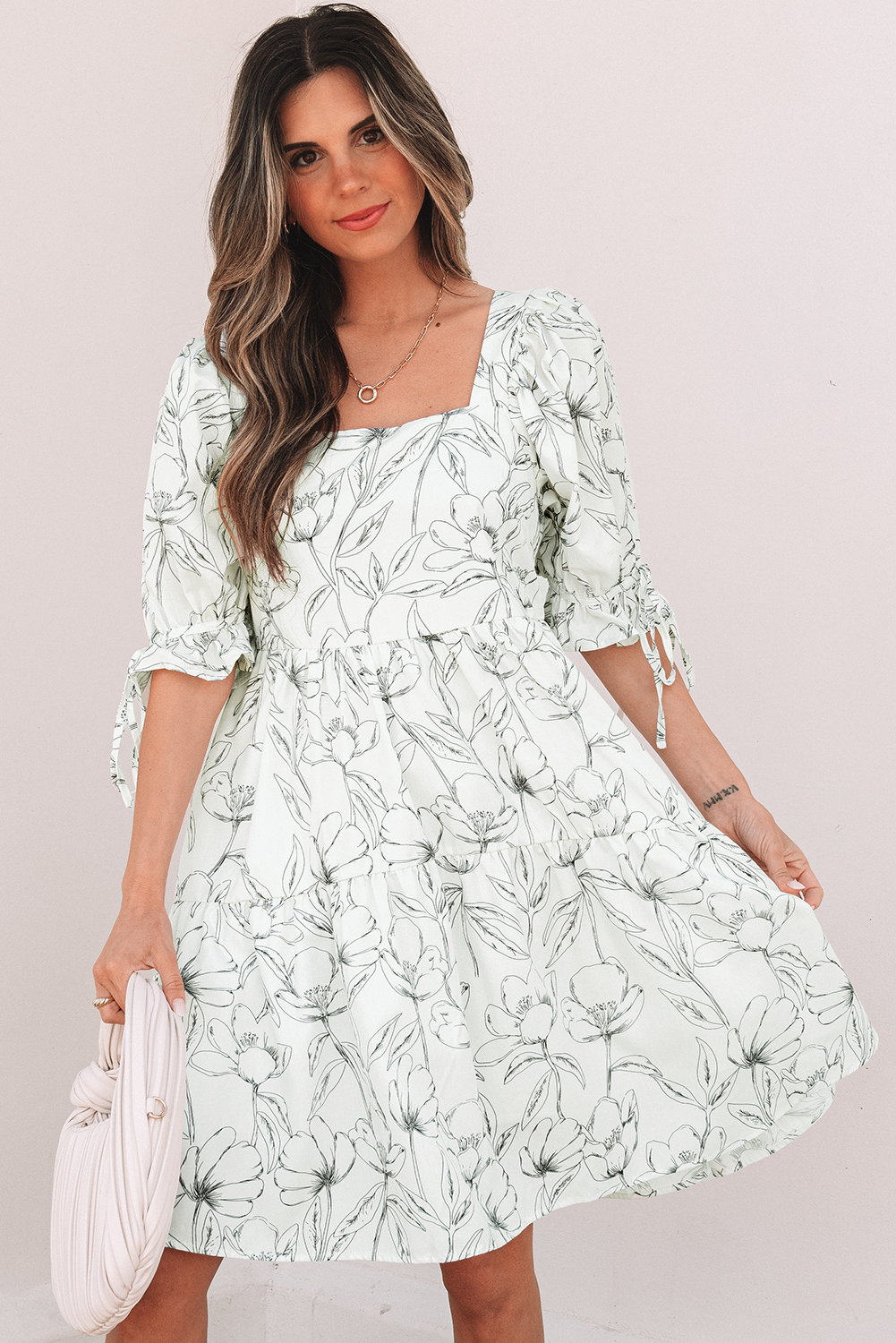 Beige Floral Print Square Neck Shirred Back Puff Sleeve Mini Dress - loveforevers