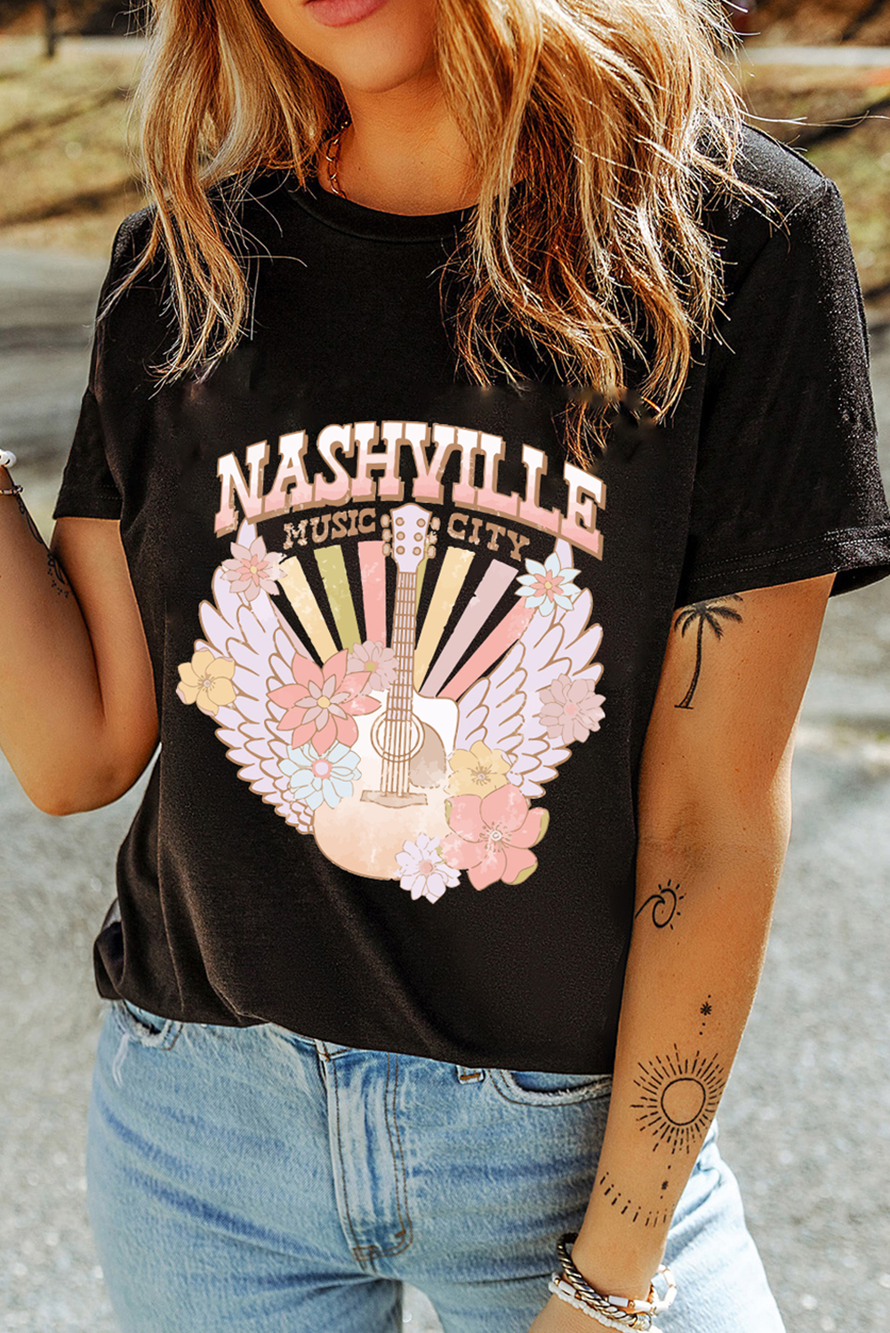 Black Nashville Music City Guitar Angel Wing Graphic Tee - loveforevers