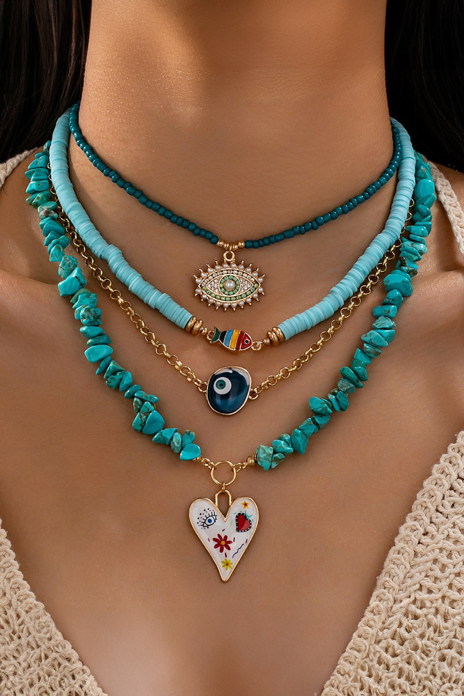 Turquoise 4 Pieces Stackable Boho Necklace Set - loveforevers