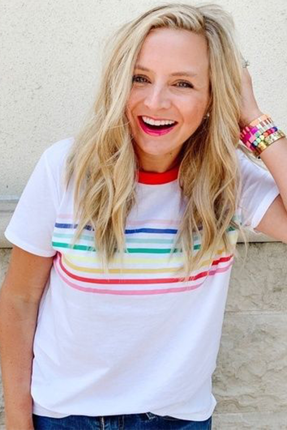 White Rainbow Stripe Print Contrast Crewneck T Shirt - loveforevers