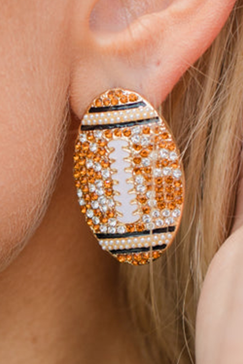 Gold Rhinestone Rugby Football Game Day Stud Earrings - loveforevers