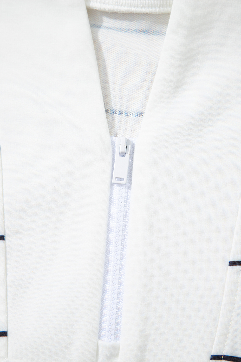 White Zip V Neck Casual Stripe Print Drop Shoulder Long Sleeve Top - loveforevers