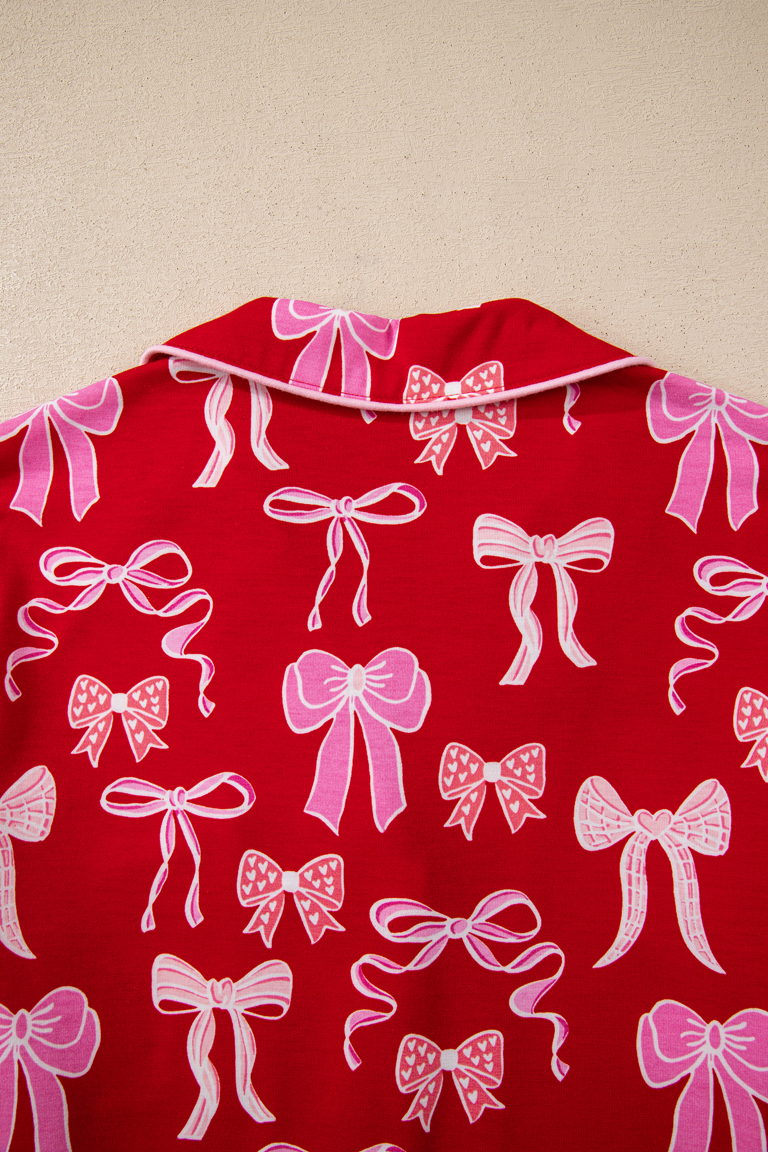 Red Sweet Bow Print Shirt Style Top Long 2pcs Pajama Set - loveforevers