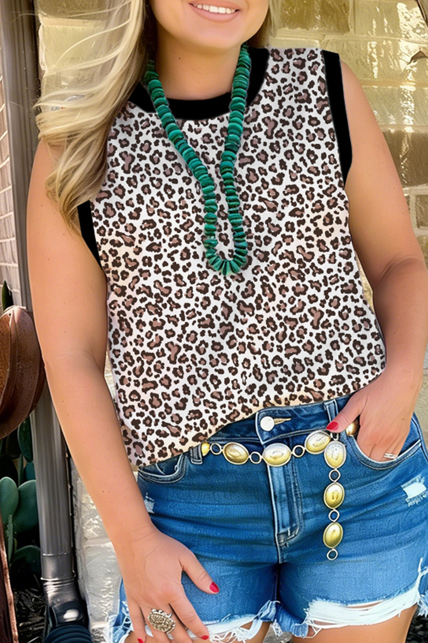 Khaki Contrast Trim Plus Size Leopard Vest - loveforevers