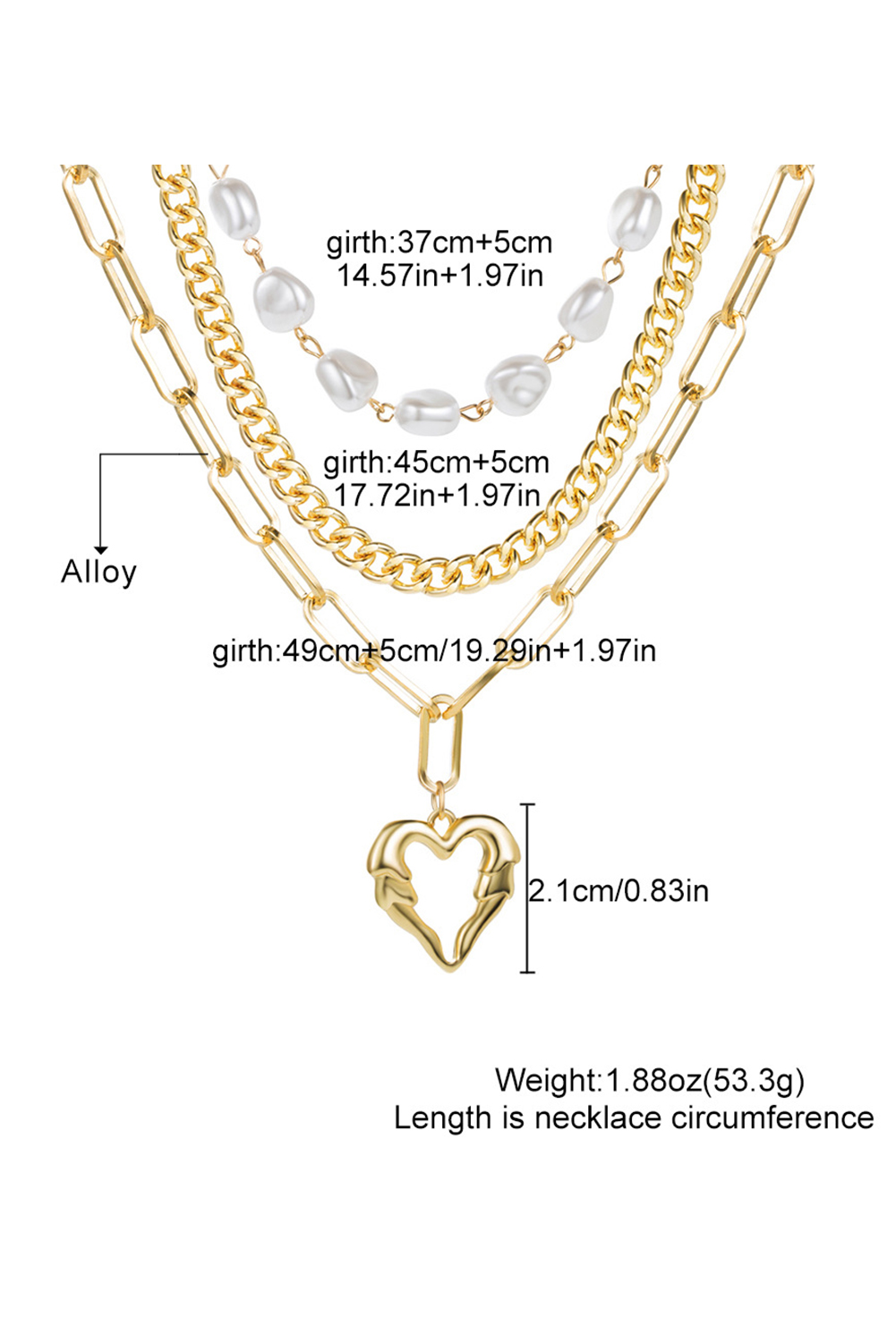 Gold Plated Heart Chain Pearl Beading 3pcs Necklace Set - loveforevers