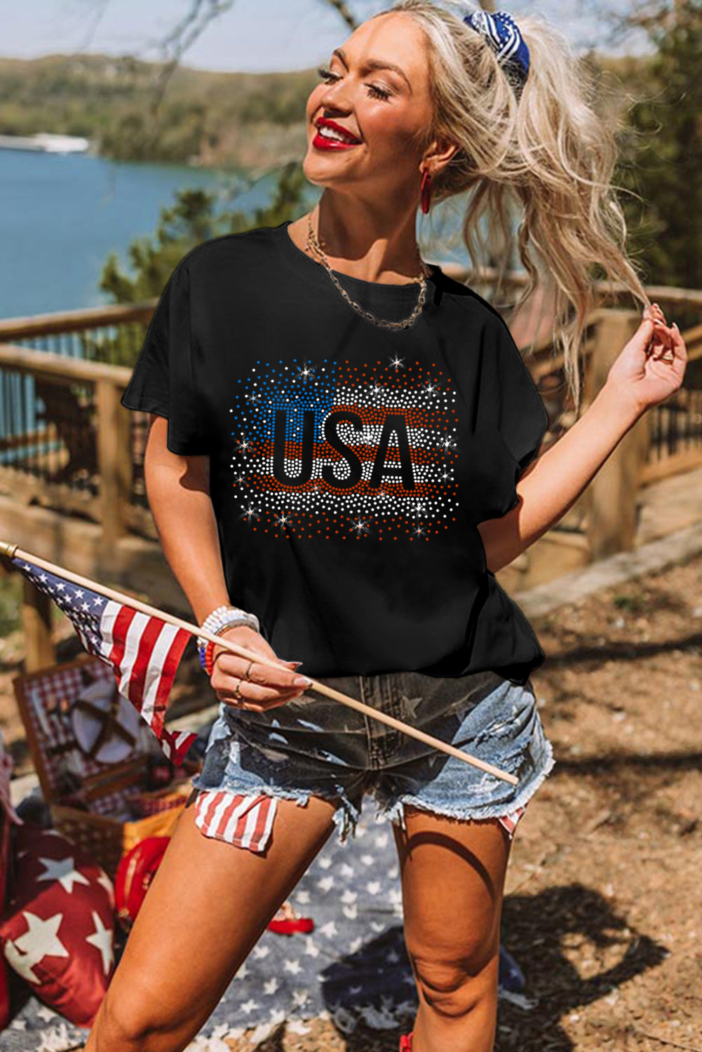 Black Rhinestone America Flag USA Graphic T Shirt - loveforevers
