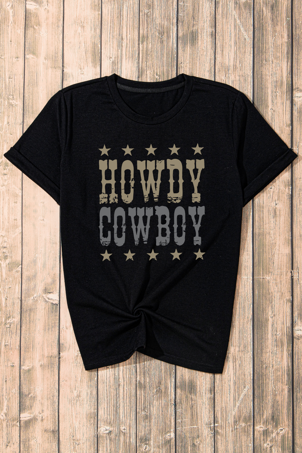 Black HOWDY COWBOY Star Print Crew Neck Loose T Shirt - loveforevers