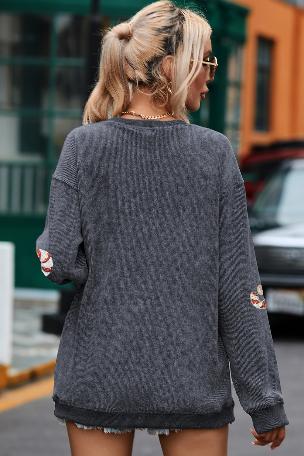 Gray Twisted Rib Christmas Santa Sequin Graphic Drop Shoulder Sweatshirt - loveforevers