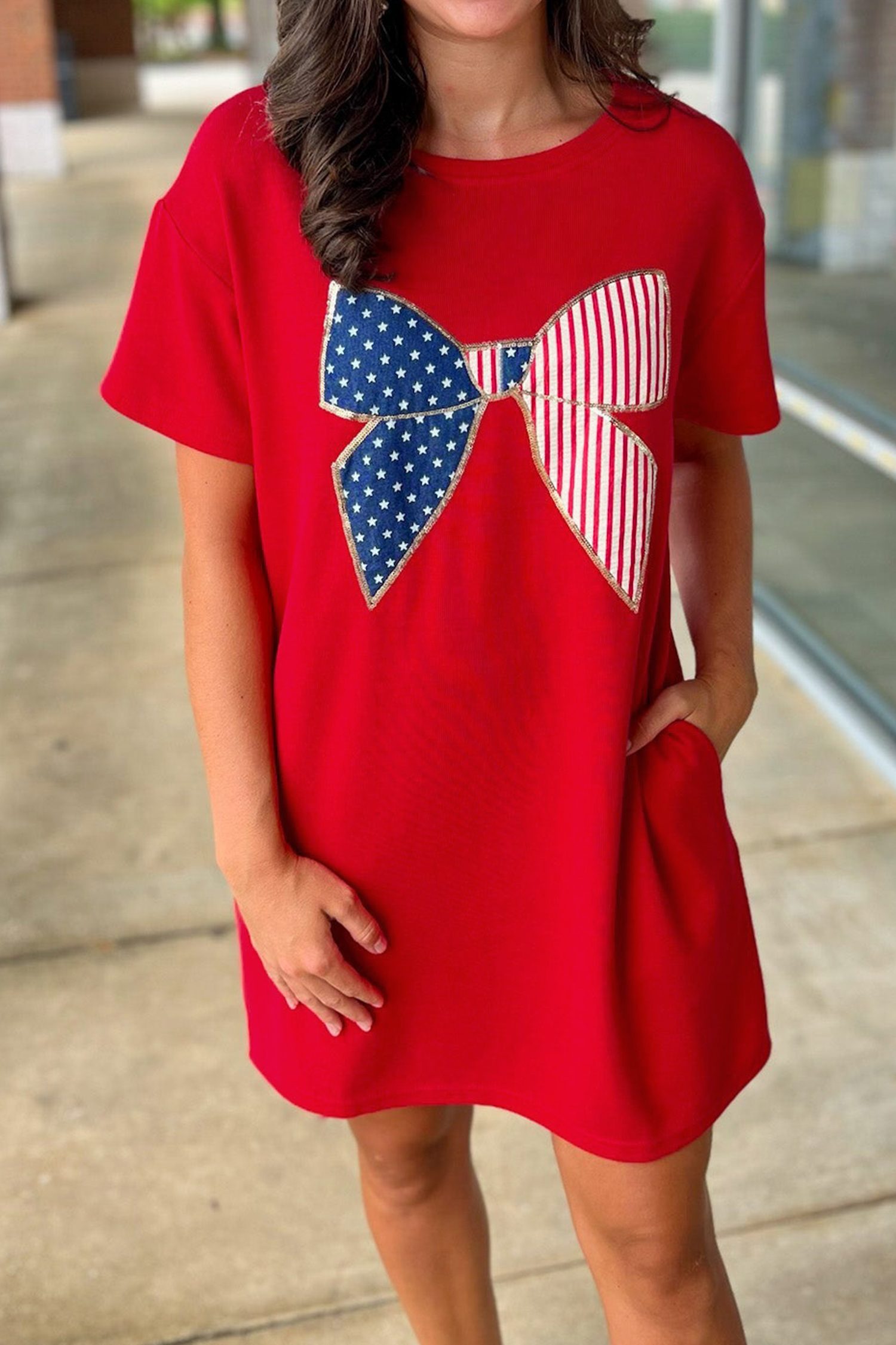 Fiery Red Sequin Trim Stars and Stripes Bow Patched T Shirt Mini Dress - loveforevers