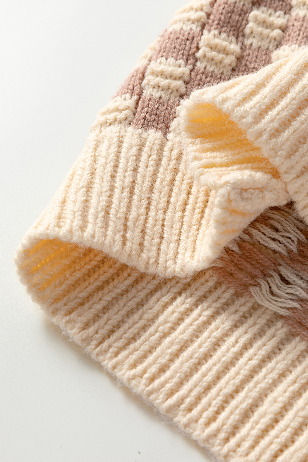 Khaki Stripe Checkerboard Drop Shoulder Balloon Sleeve Sweater - loveforevers