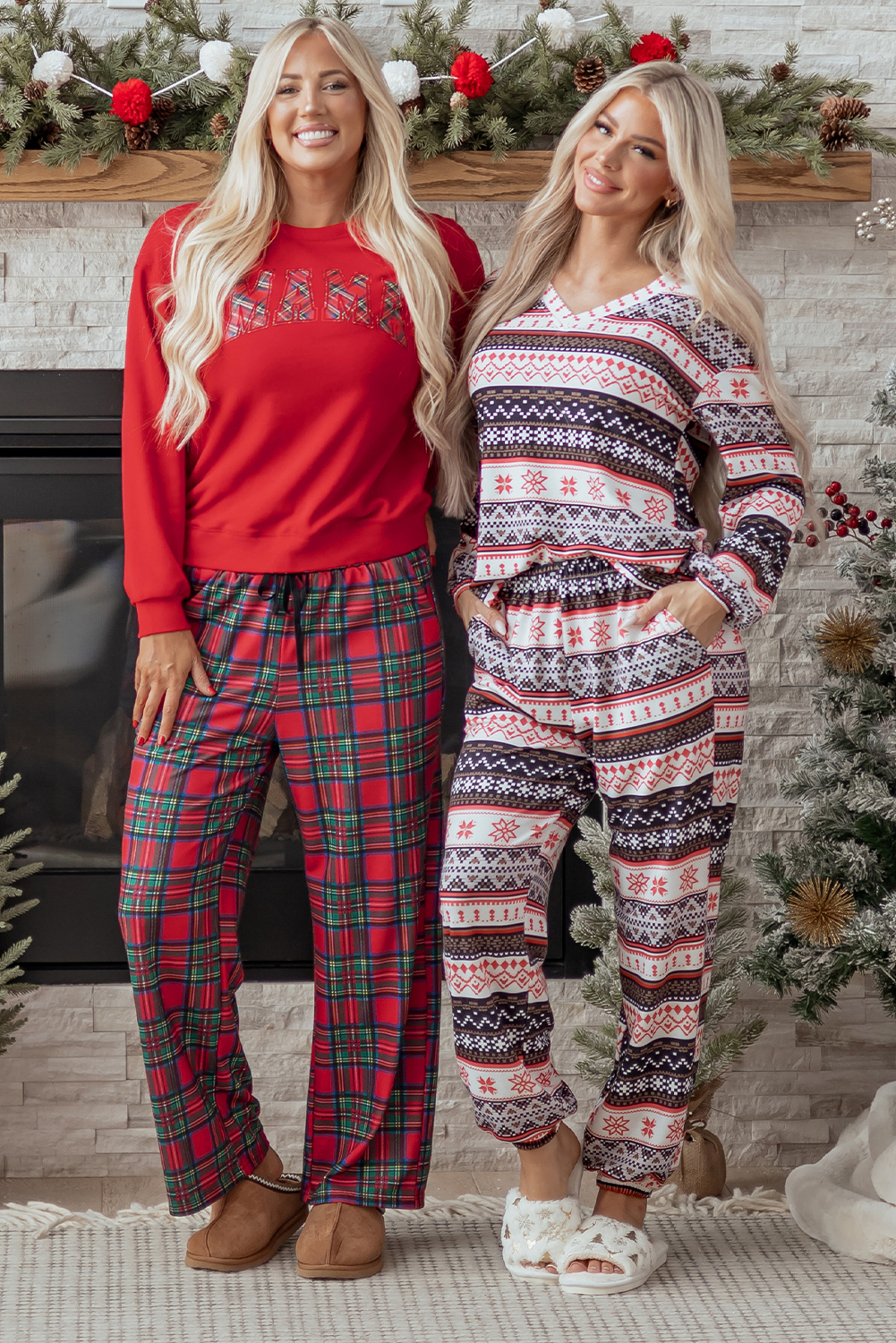Black Retro Christmas Pattern Loose Pullover 2pcs Lounge Pant Set - loveforevers
